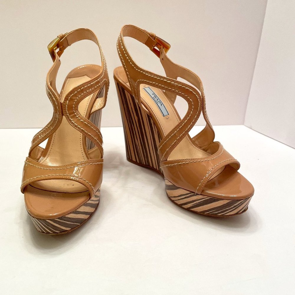Prada Beige Patent Leather Wooden Wedge Sandals - image 2